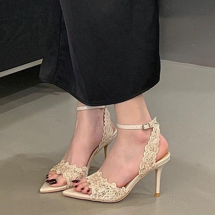 2026 Summer New French Niche Design Women Sandals, Pointed Toe Lace Stiletto High Heel Open Toe Outdoor Shoes