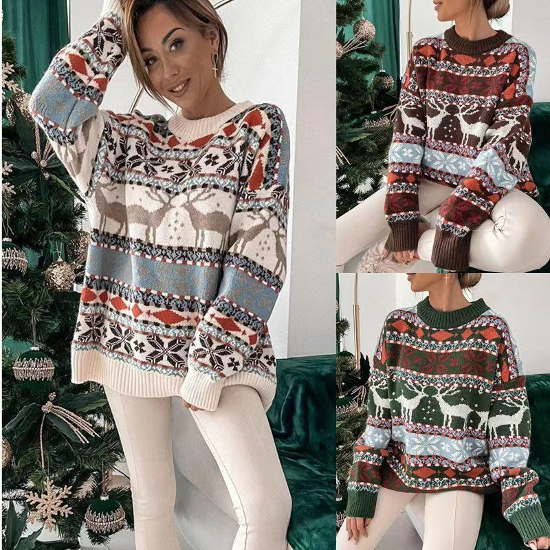 Women's Fashion Round Neck Loose Christmas Theme Jacquard Long Sleeve Sweater EX-STOCK Canada
