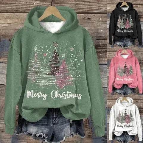 Round Neck Hooded Long Sleeve Four Christmas Trees Loose Hoodie Sweatshirt - EX-STOCK Canada