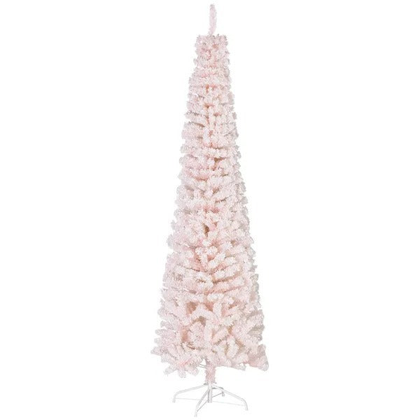 7.5ft Flocked Christmas Tree, Pencil Christmas Tree With Realistic Branch Tips, Folding Metal Stand EX-STOCK Canada
