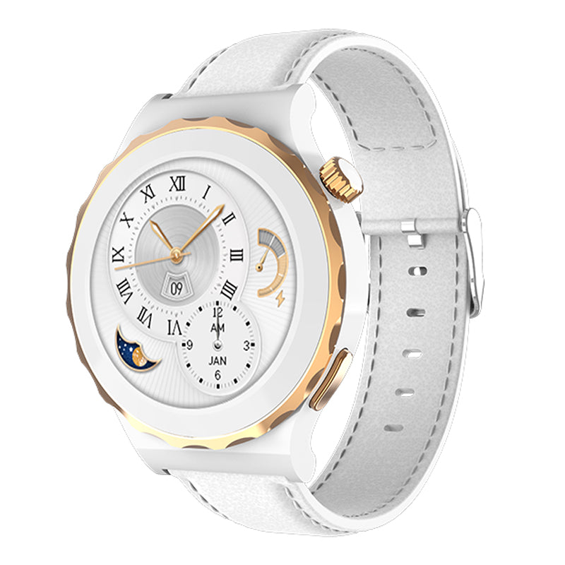 White watch with gold accents on a white background