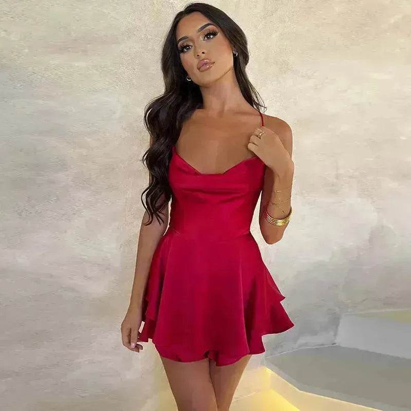 Elegant Chic Skirt Dress For Women Elegant Slim Strap Satin Backless Lace Up Ladies Party Mini Skater Dress - EX-STOCK Canada