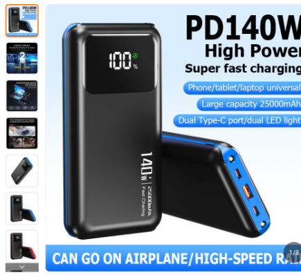 A black and blue high-power portable charger shown on a light blue promotional background with text highlighting 140W fast charging, large capacity, and dual port support. Small thumbnail images along the left side show additional angles/features.