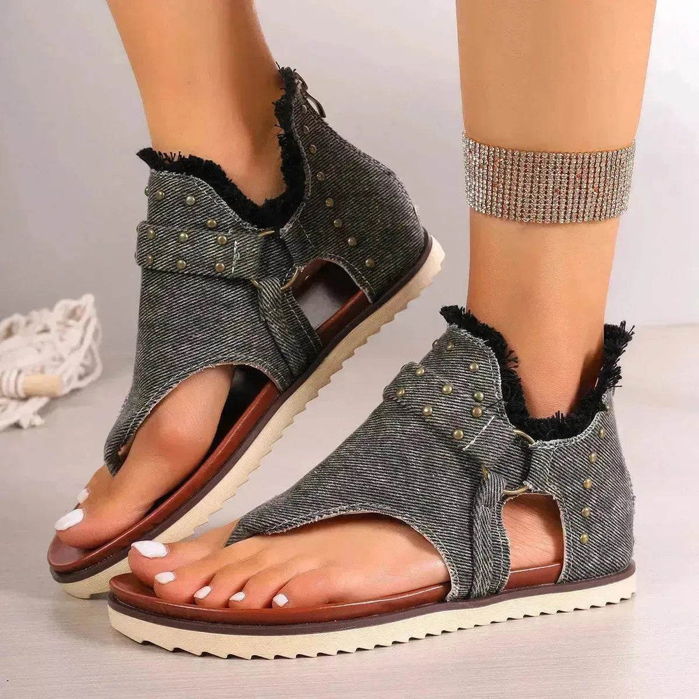 Denim Thong Sandals With Rear Zipper Summer Retro Beach Flat Sandals - EX-STOCK Canada
