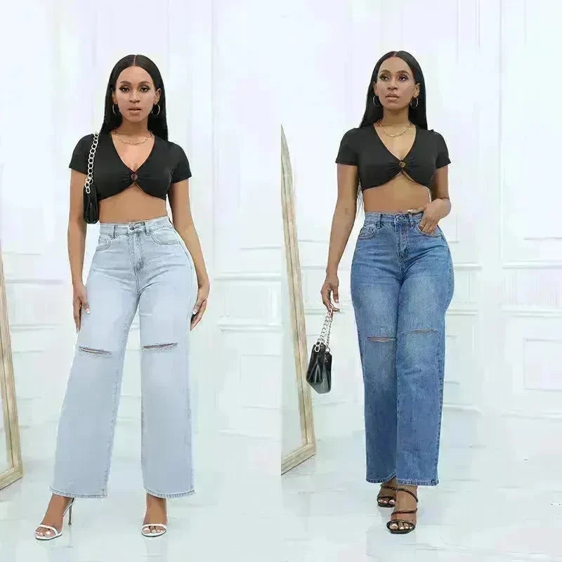 Elegant Ripped Wide-leg Baggy Jeans Pant Women - EX-STOCK CANADA