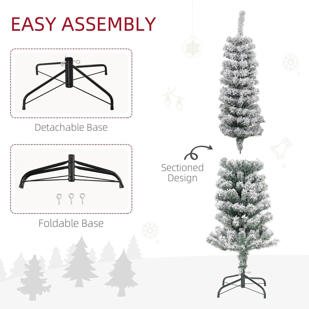 5ft Flocked Christmas Tree, Pencil Christmas Tree With Realistic Branch Tips, Folding Metal Stand, Green EX-STOCK Canada