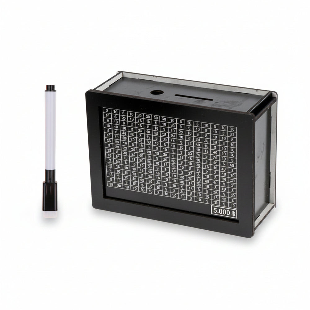 A black rectangular number counting box with a transparent lid and a printed grid of numbers on the front, shown next to a slim white and black marker on a white background.