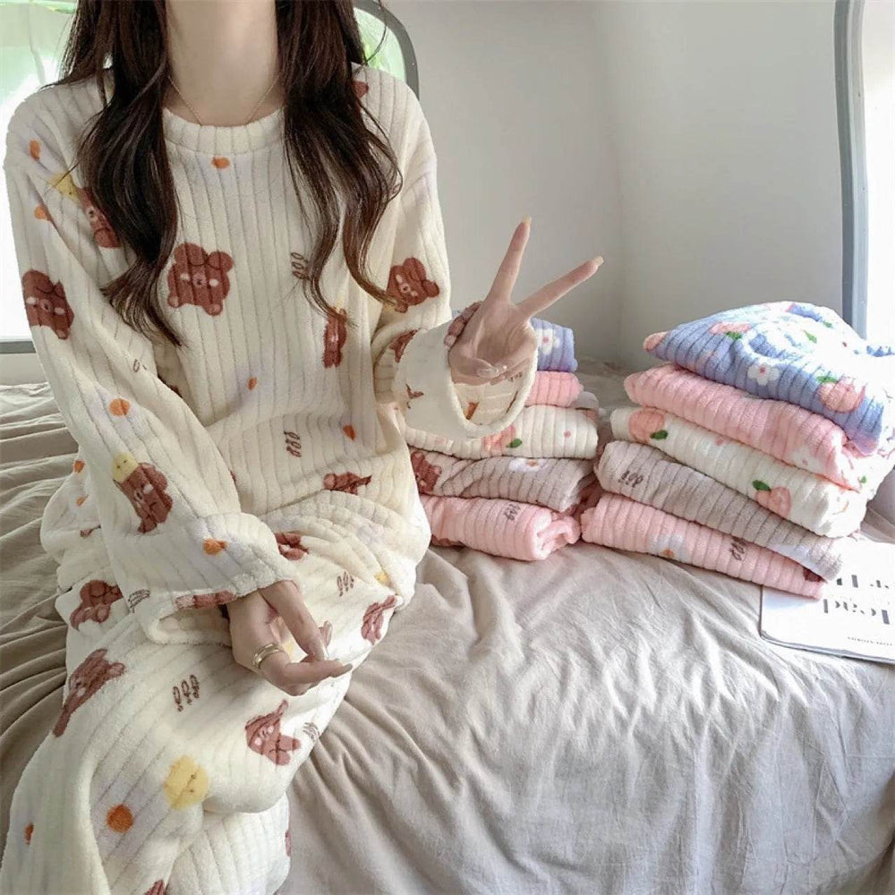 2pcs Women's Fall Winter Warm Pajamas Sets Coral Long Sleeve Cute Cartoon Bear Sleepwear Nightclothes - EX-STOCK Canada