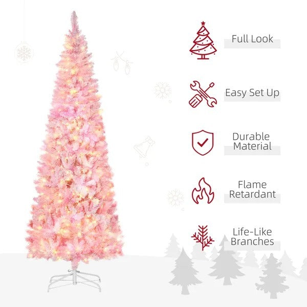 7.5 Foot Prelit Snow Flocked Artificial Christmas Tree With Pencil Shape, 700 Pine Realistic Branches, Warm White LED Lights, Auto Open, Pink And White EX-STOCK Canada