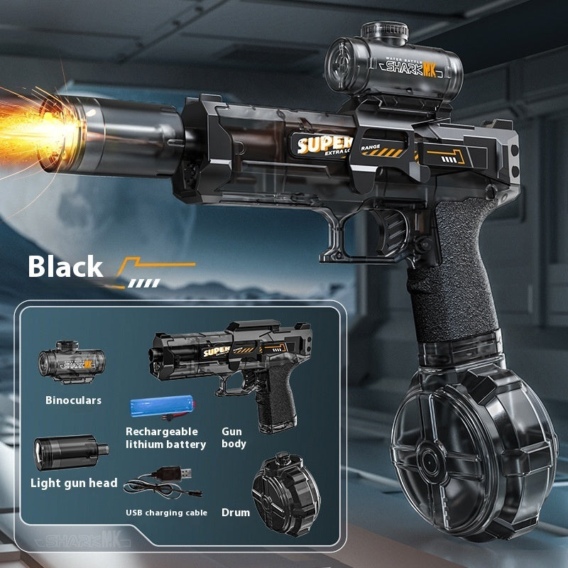 Toy gun with features listed on a gray background