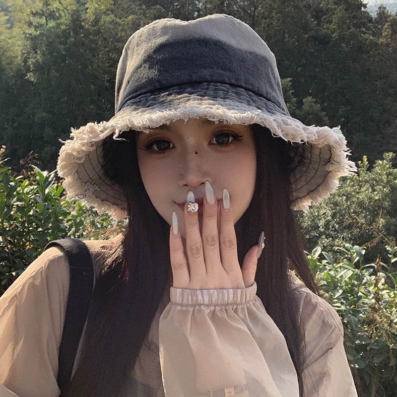 Summer Denim Bucket Hat for women Distressed Sun-proof Face-showing Small Hat - EX-STOCK Canada