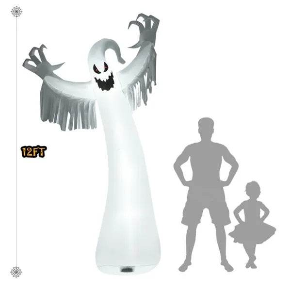 Spooky Halloween Inflatable Ghost - 12 Ft Tall With LED Lights, Waterproof Fabric, Spikes Ropes For Stability, White - EX-STOCK Canada