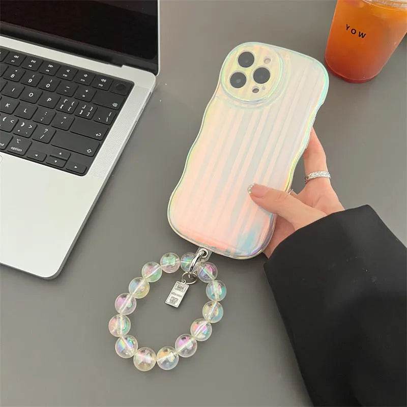 Laser Wave Silicone Phone Case Gradient Laser Stripes Bracelet Case For IPhone 14 13 12 11 Pro Max Plus Bead Chain - EX-STOCK Canada