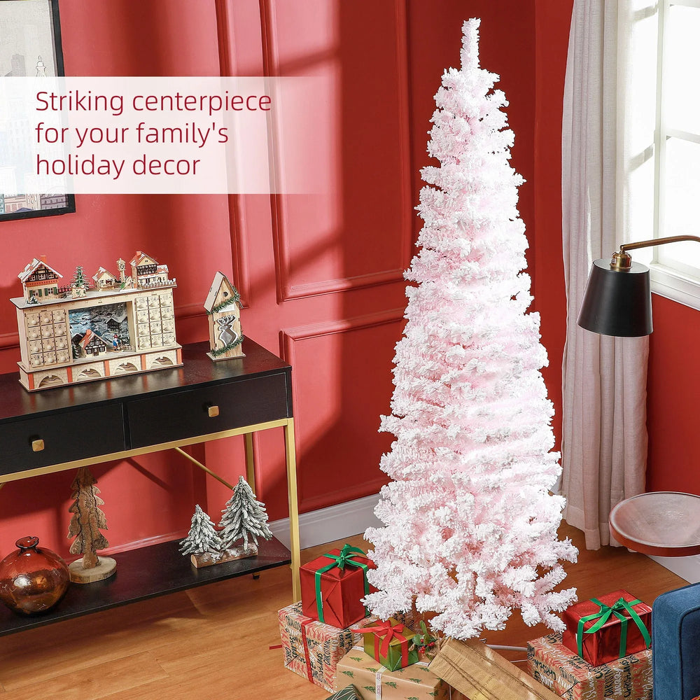 6ft Flocked Christmas Tree, Pencil Christmas Tree With Realistic Branch Tips, Folding Metal Stand EX-STOCK Canada