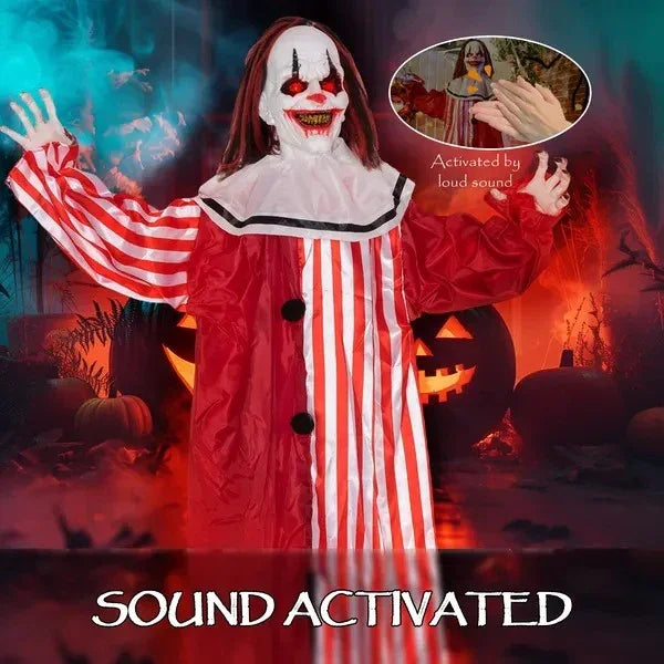 Life Size Halloween Animated Clown With Red Light Up Eyes, Sound Activated Scary Halloween Decorations, Battery Operated EX-STOCK Canada