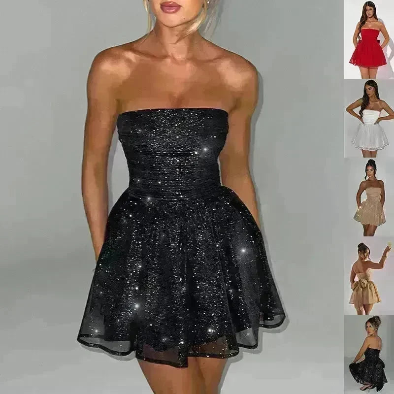 Tube Top Lace Dress With Back Bow-knot Summer Fashion Temperament Mesh Stitching Off-neck Short Mini Skater Dress - EX-STOCK CANADA