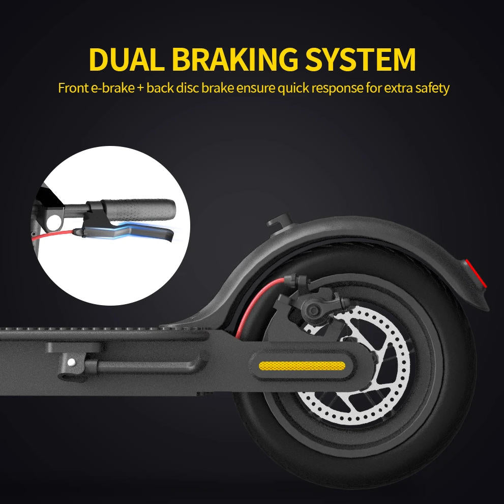 E-scooter with dual braking system highlighted on a black background