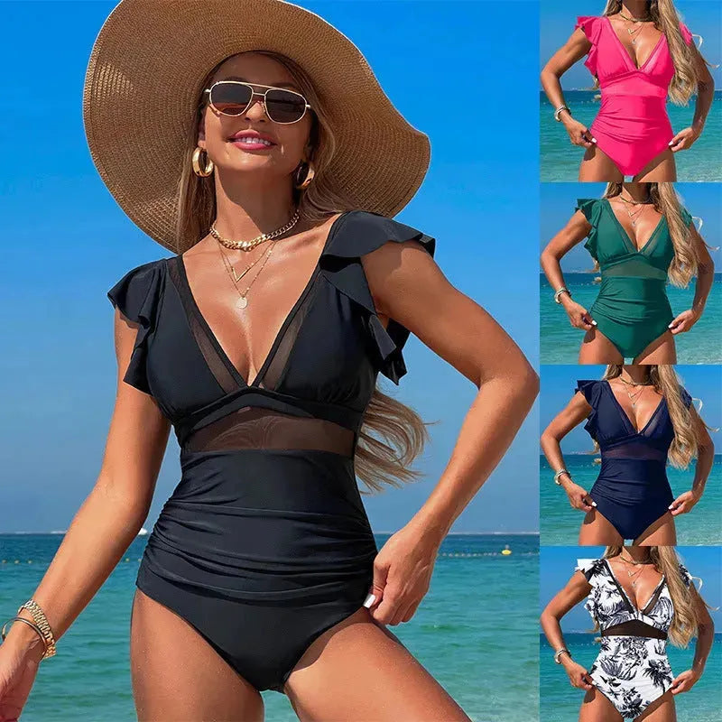 Fashion Ruffled Sleeve One-piece Swimsuit Summer Sexy V-neck Bikini Beach Womens Clothing - EX-STOCK CANADA