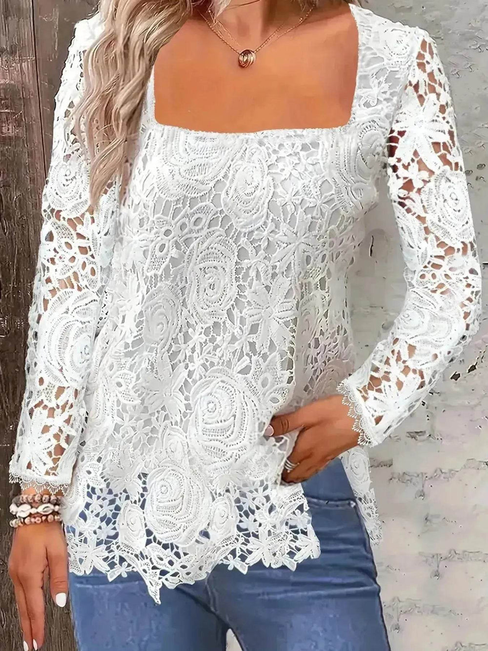 Fashionable Evening Top for Women Square Neck Long Sleeve Lace top Long Top for Women - EX-STOCK Canada