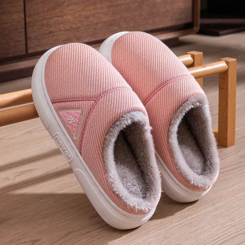 Solid Striped Home Slippers Winter Warm Fleece Shoes Men Indoor Bedroom Floor Plush Slippers For Women Couple - EX-STOCK Canada