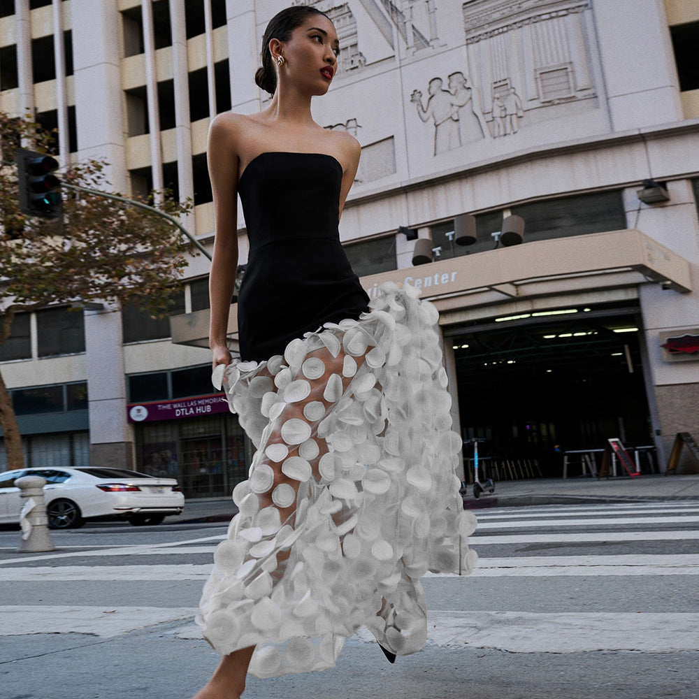 Black And White Tube Top Three-dimensional Flower Pettiskirt Dinner Dress EX-STOCK Canada