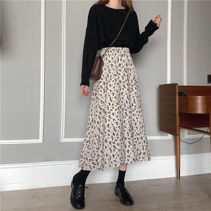 Casual Floral New Fresh High Waist Slimming Korean-style Midi A- Line Skirt - EX-STOCK Canada