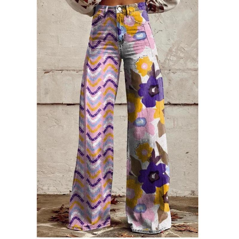 Thermal Transfer Bell-bottom Pants Simulation Denim Trousers Loose Pants