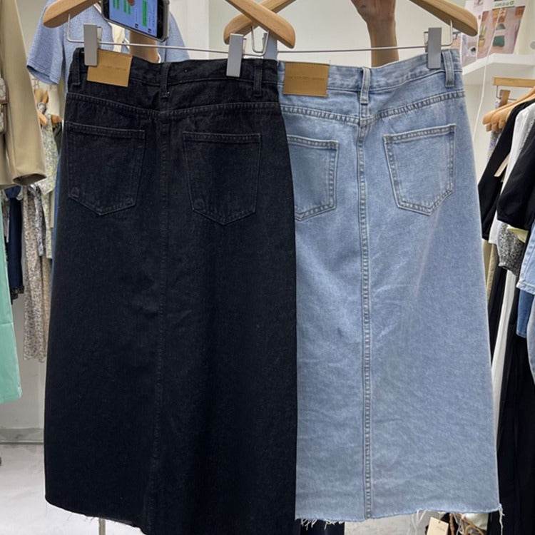 Casual Front Slit Dark Blue and Light Blue Denim Midi Skirt for women - EX-STOCK Canada