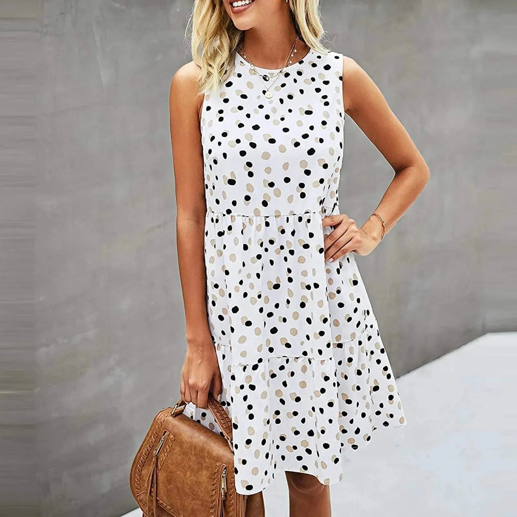 Women Summer Dot Print Sleeveless Loose Swing T-Shirt Dress With Pocket Casual Tank Mini Dresses Sundress - EX-STOCK CANADA