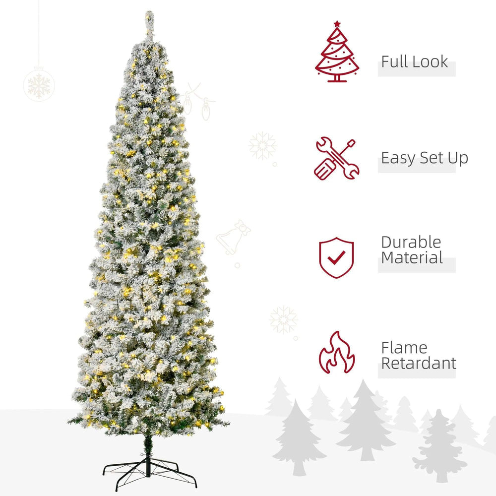 9 Feet Prelit Artificial Snow Flocked Pencil Christmas Tree, Slim Xmas Tree With Warm White LED Light, Holiday Home Xmas Decoration, Green EX-STOCK Canada