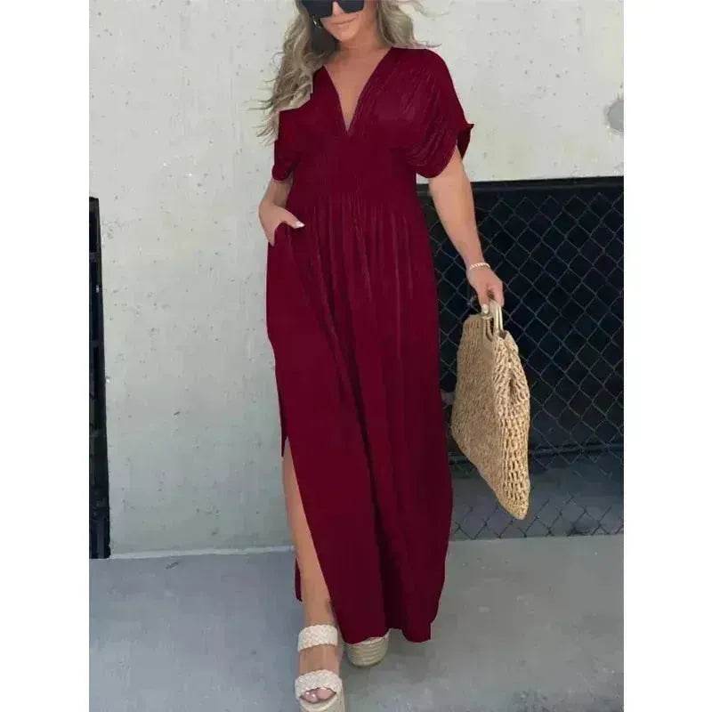 Fashion Bat-sleeved V-neck Slit Dress Summer Beach Short Sleeve Elastic Waist Split Long Dresses Womens Clothing - EX-STOCK Canada