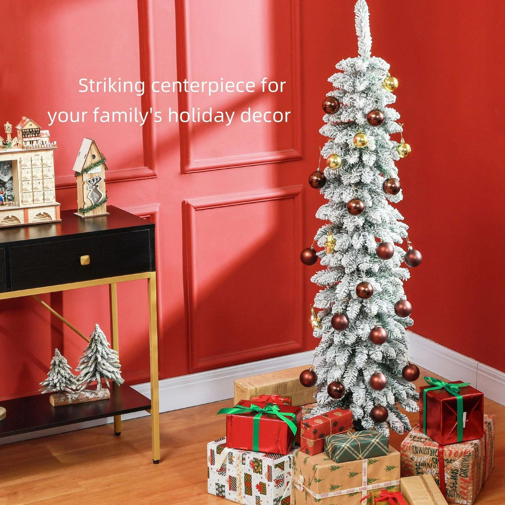 5ft Snow-Flocked Artificial Christmas Tree, Slim Pencil Xmas Tree With 301 Realistic Branches, Metal Base, Green EX-STOCK Canada