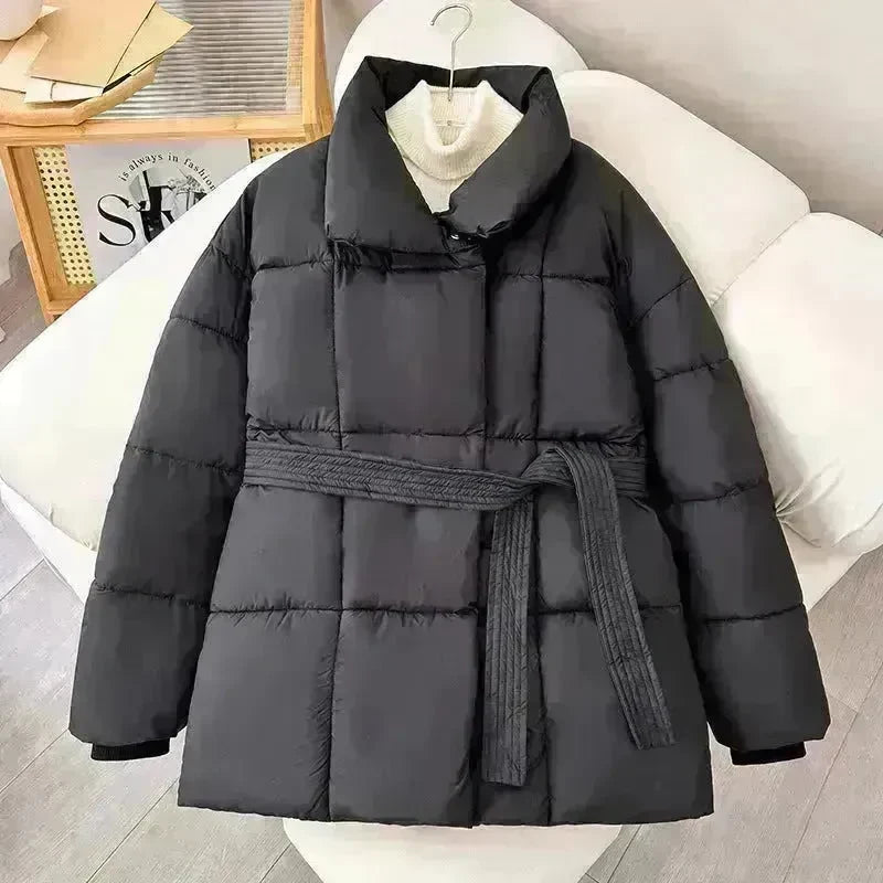 Winter Plaid Sewing Lapel Coat With Lace-up Design Fashion Loose Solid Thick Jacket Outerwear Women's Clothing - EX-STOCK CANADA