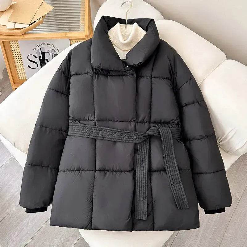 Winter Plaid Sewing Lapel Coat With Lace-up Design Fashion Loose Solid Thick Jacket Outerwear Women's Clothing - EX-STOCK Canada