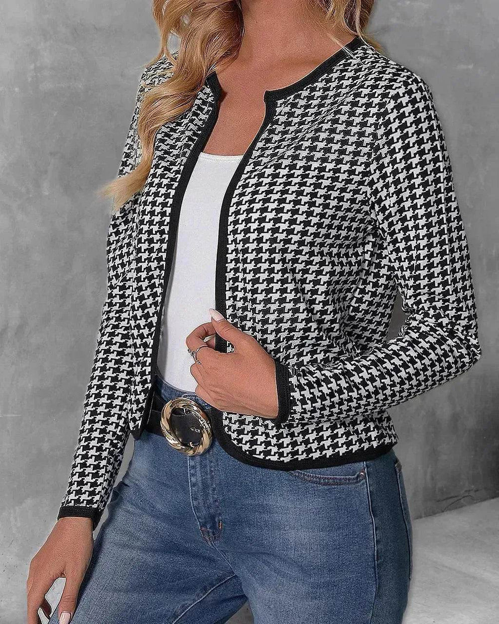 Casual Cardigan Long Sleeve Houndstooth Short Women's Coat - EX-STOCK Canada