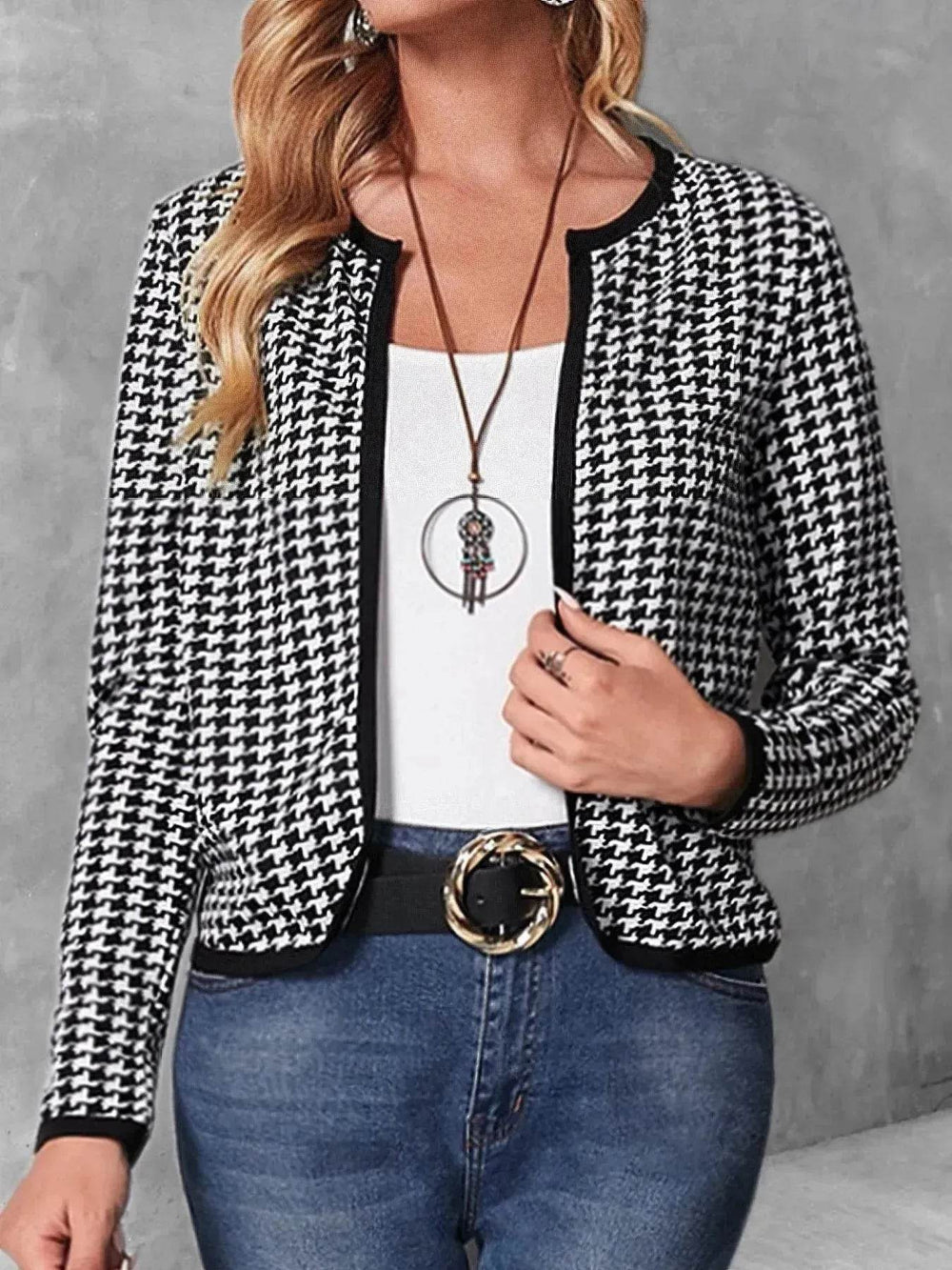 Casual Cardigan Long Sleeve Houndstooth Short Women's Coat - EX-STOCK Canada