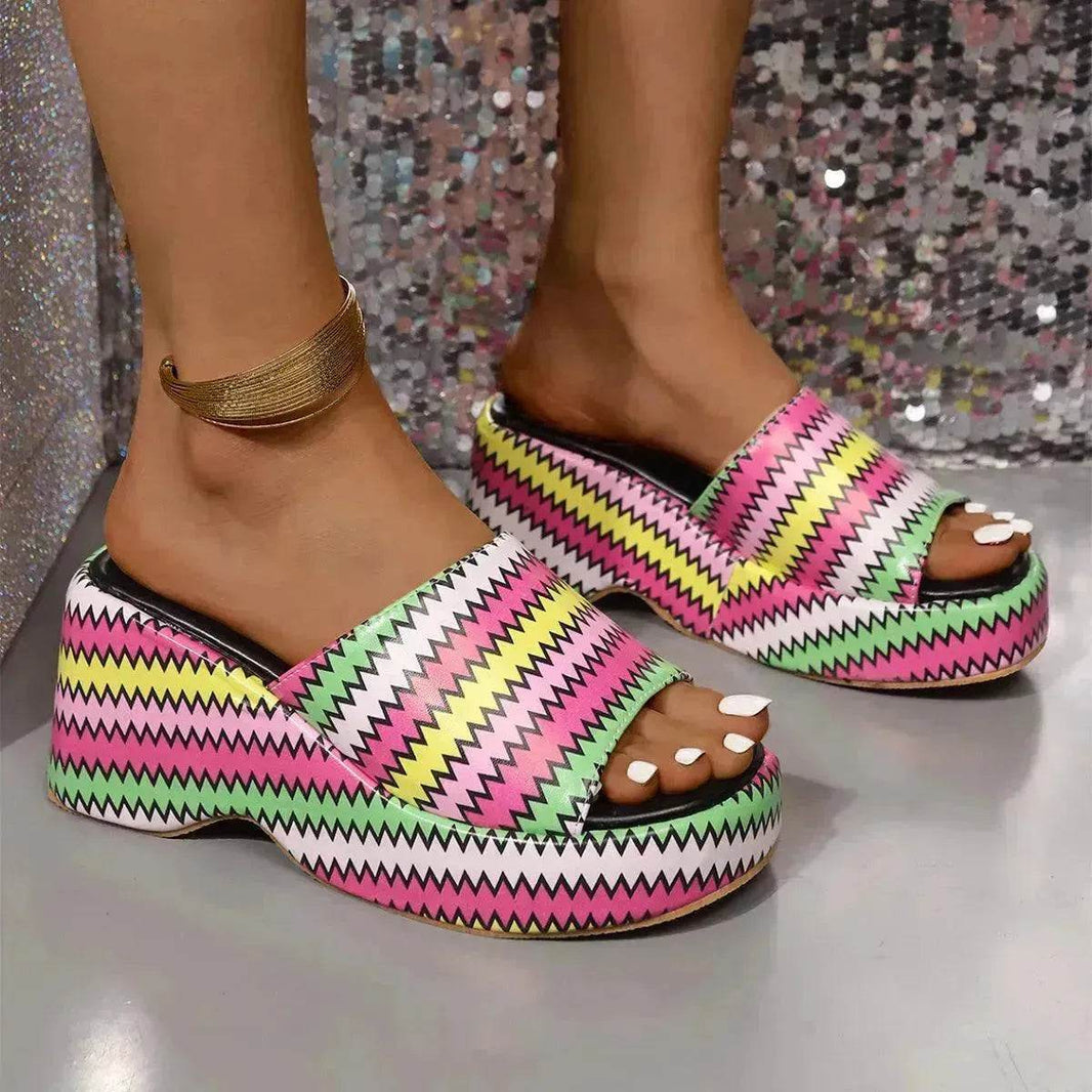 Casual Summer Fashionable Colorful Wave Print Thick Wedge Heel Women Slippers - EX-STOCK Canada