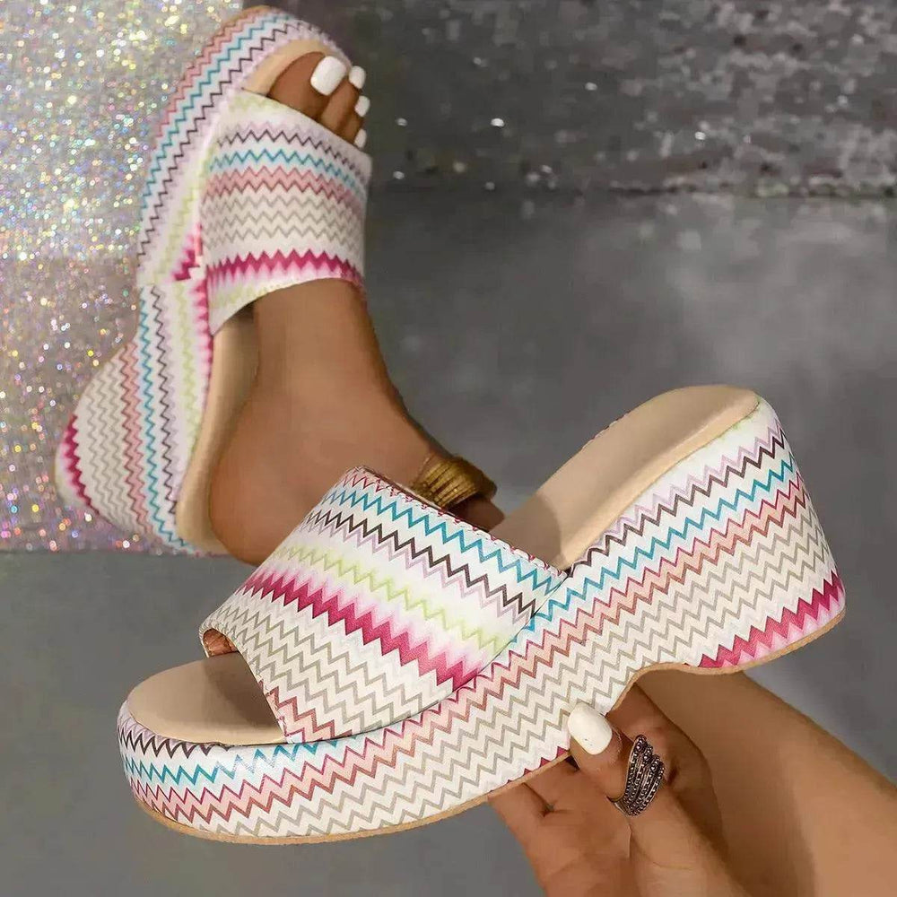 Casual Summer Fashionable Colorful Wave Print Thick Wedge Heel Women Slippers - EX-STOCK Canada