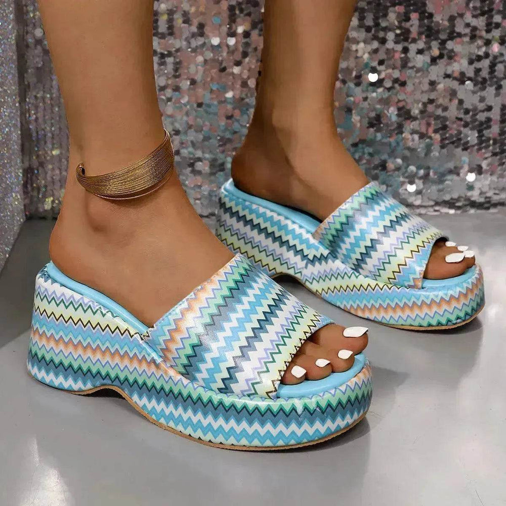 Casual Summer Fashionable Colorful Wave Print Thick Wedge Heel Women Slippers - EX-STOCK Canada