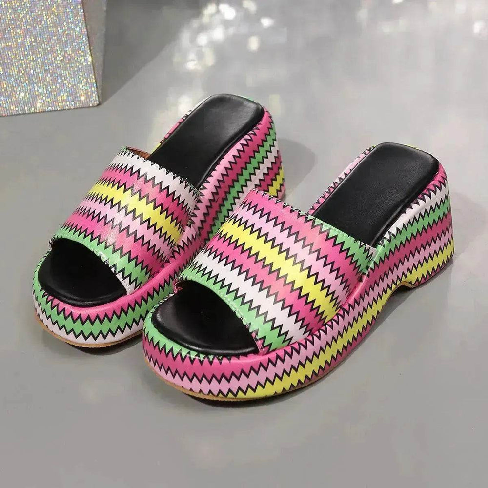 Casual Summer Fashionable Colorful Wave Print Thick Wedge Heel Women Slippers - EX-STOCK Canada