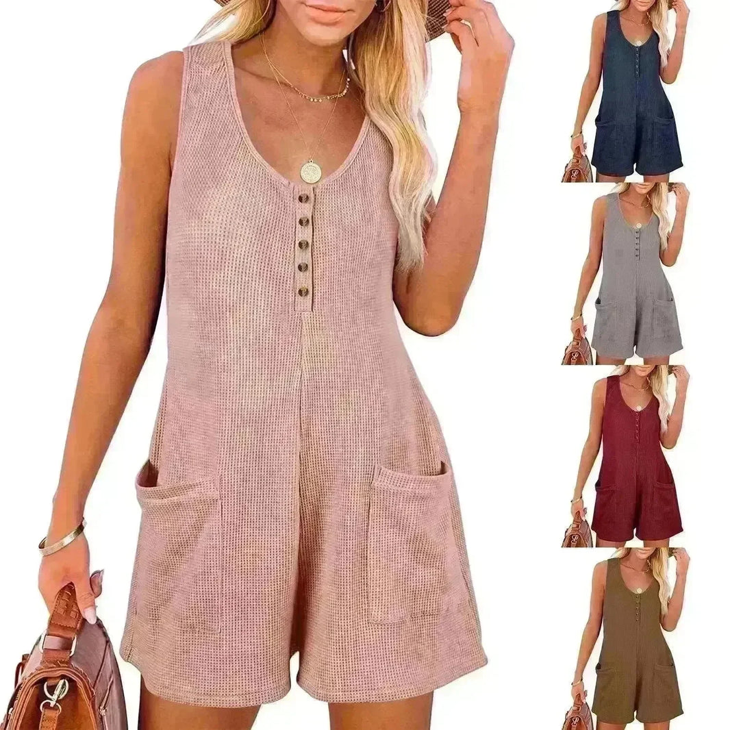 Casual Waffle Button Jumpsuit With Pockets Fashion Summer Beach Straight Shorts Overall Pants Womens Clothing - EX-STOCK CANADA