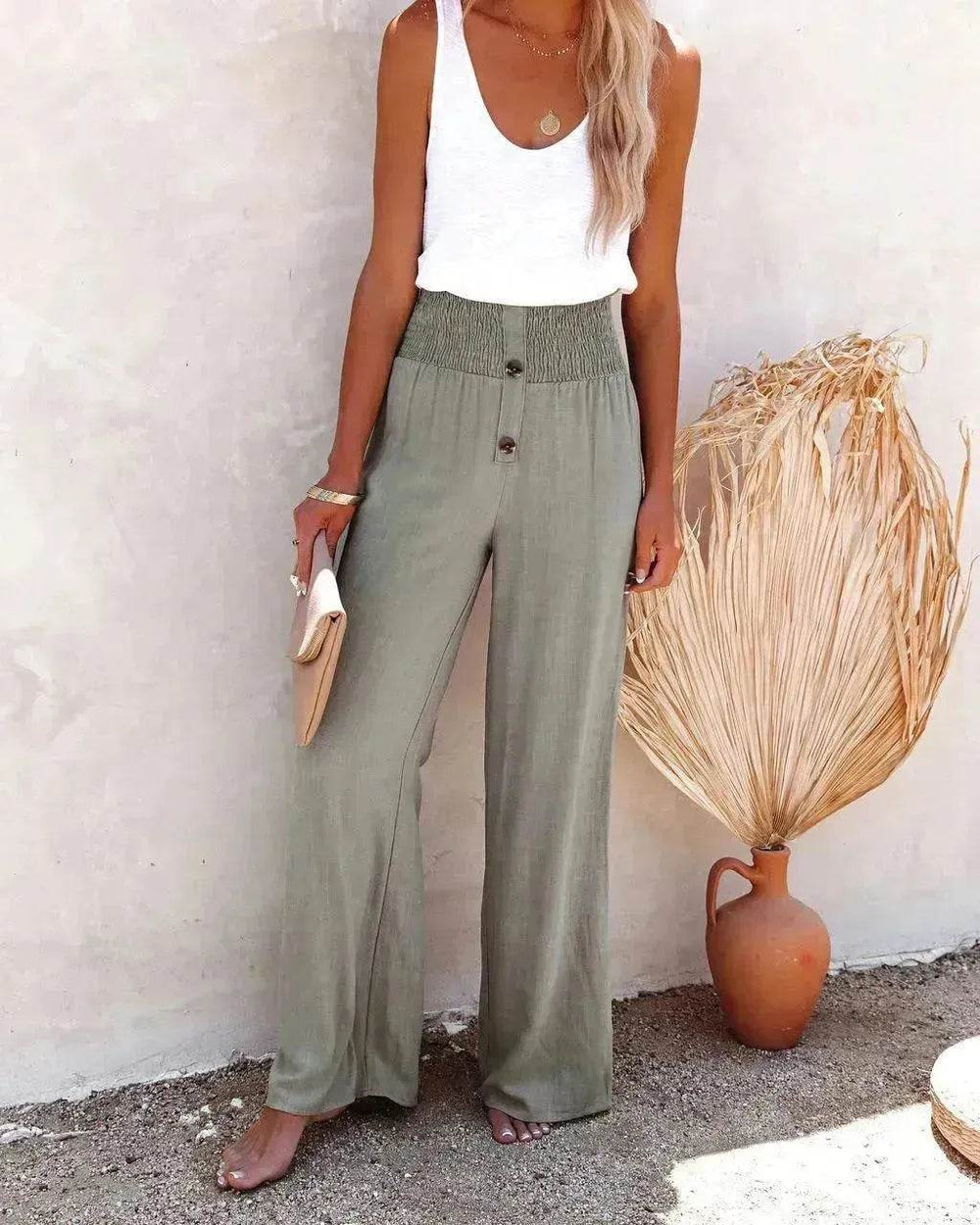 Casual Women's Button Color Elastic Waist Trousers Wide Leg Pants - EX-STOCK Canada