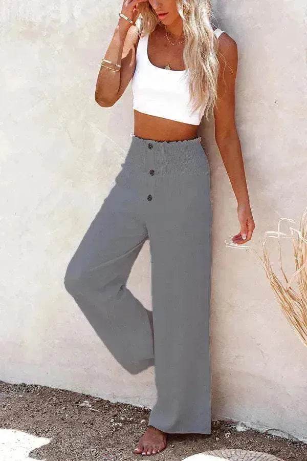 Casual Women's Button Color Elastic Waist Trousers Wide Leg Pants - EX-STOCK Canada