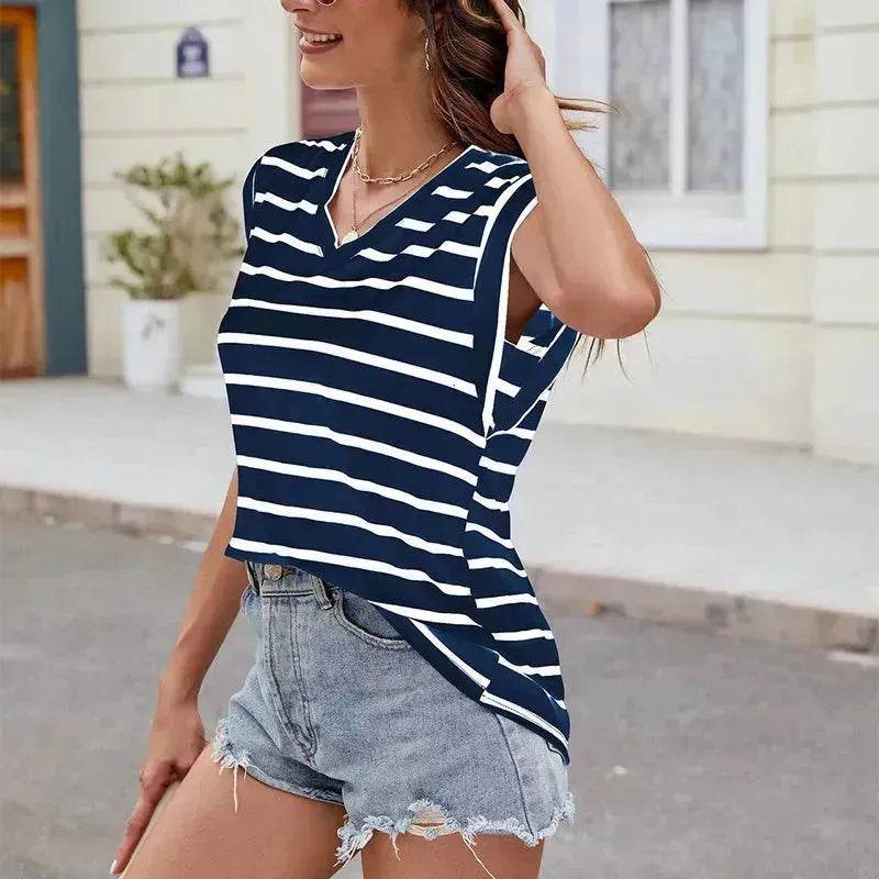 Fashion Stripe Print V-neck Short-sleeved T-Shirt Summer Loose Casual top for Women - EX-STOCK Canada