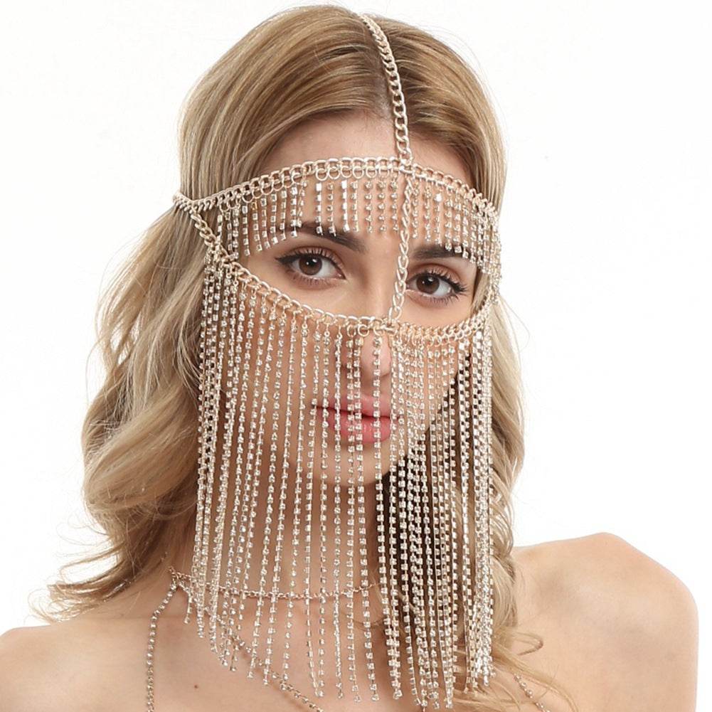 Punk Rhinestone Tassel Fringed Face Mask Head Chains - EX-STOCK Canada
