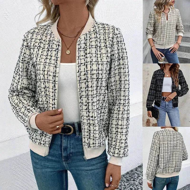 Autumn Winter Casual Long Sleeve plaid Houndstooth zipper outwear jacket women - EX-STOCK Canada