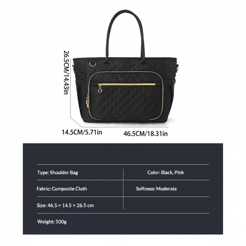 Black shoulder bag with measurements and product details on a white background