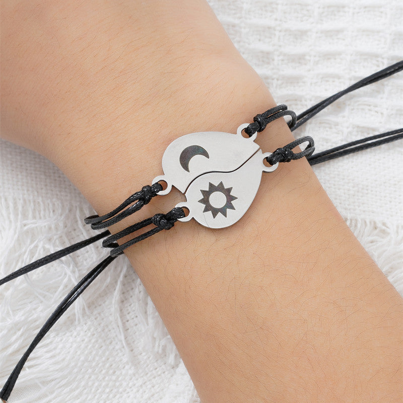 Edelstahl Sonnen-Mond-Paar Schwester Karte Wachs Faden Gewebtes Armband Set - EX-STOCK Canada