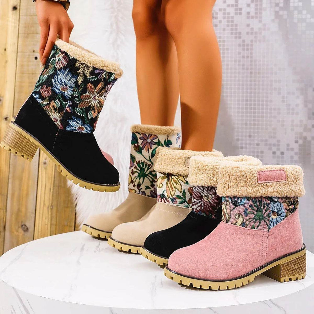 Flowers Embroidered Snow Boots Ethnic Style Platform Thick Square Heel Mid-tube Boot Winter Warm Cotton Shoes For Women - EX-STOCK Canada