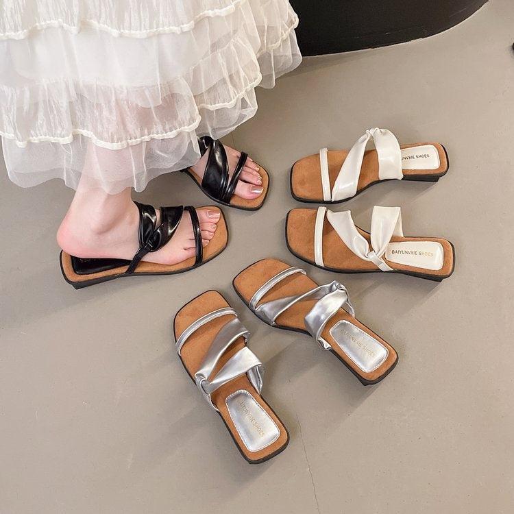 2025 Summer New French Style Low Heel Slippers For Women, Fairy Style Outdoor Fashion Slides, Elegant Match-Dress Sandals In Black, Silver, Beige